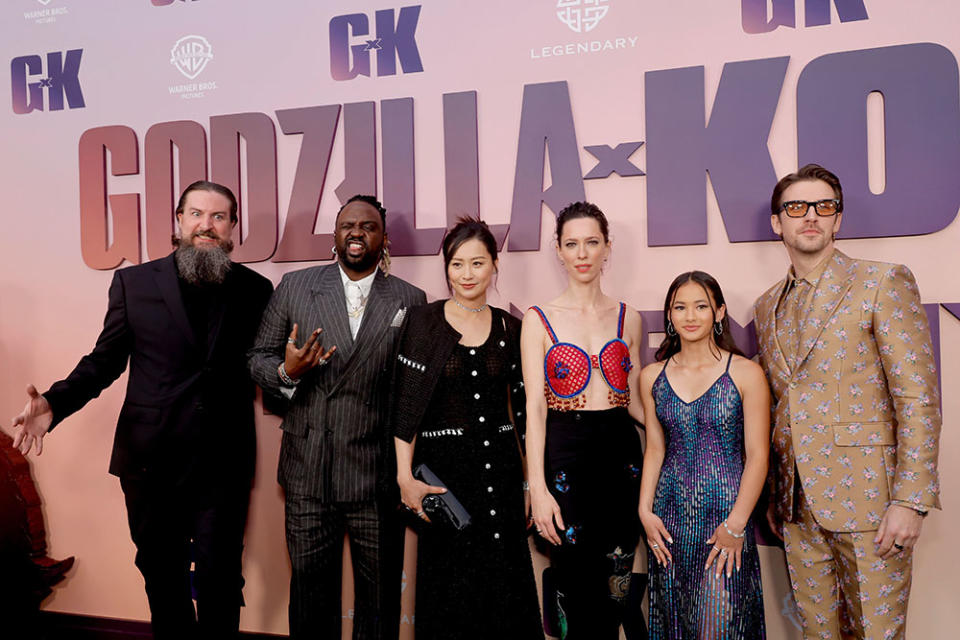 (L-R) Adam Wingard, Brian Tyree Henry, Fala Chen, Rebecca Hall, Kaylee Hottle and Dan Stevens attend the Warner Bros. and Legendary Pictures world premiere of "Godzilla X Kong: The New Empire" at TCL Chinese Theatre on March 25, 2024 in Hollywood, California.