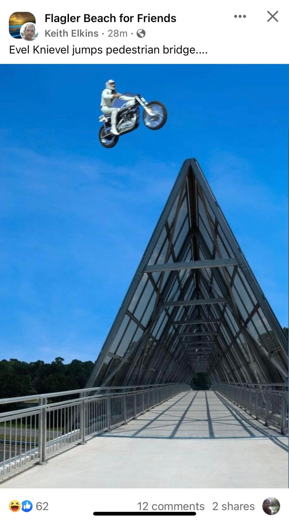 Keith Elkins created a meme of motorcycle stuntman Evel Knievel jumping over the pedestrian bridge over State Road 100 east of Interstate 95.