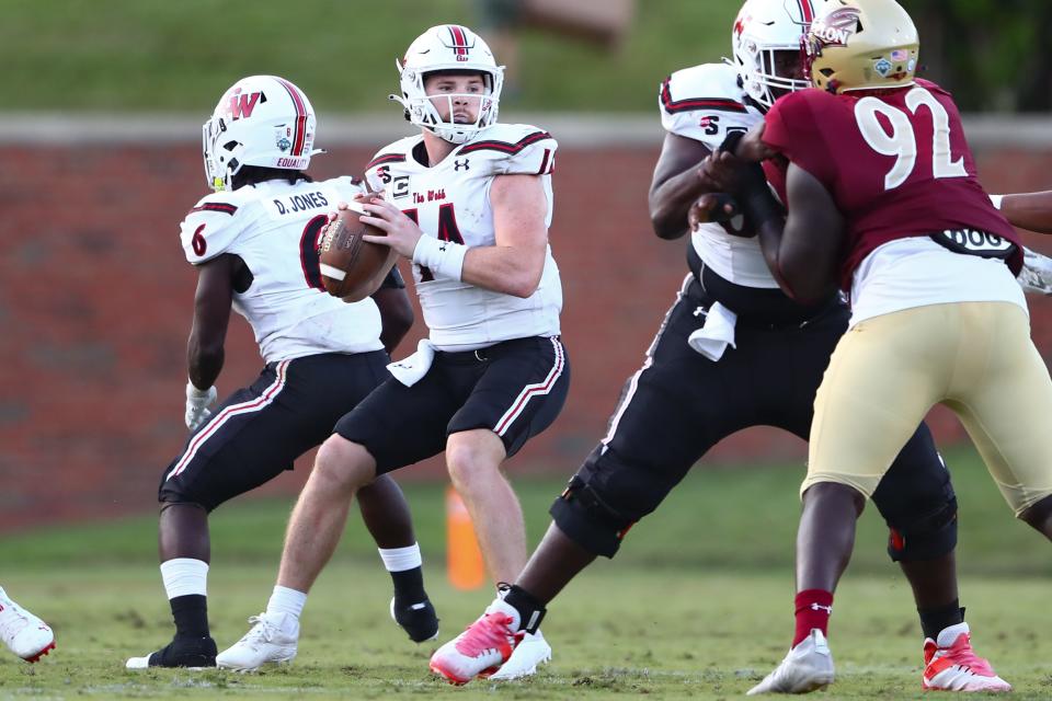 Gardner-Webb quarterback Bailey Fisher during a September 2022 football game at Elon.