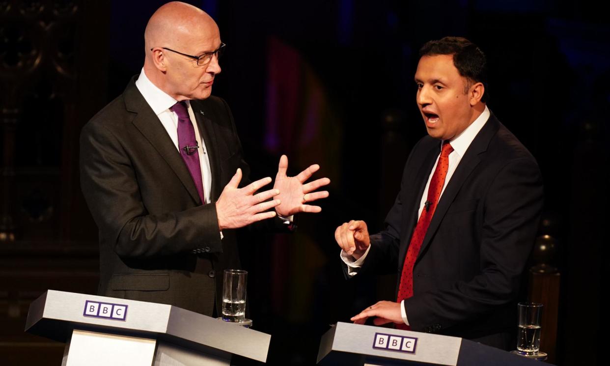 <span>SNP leader John Swinney (left) and Scottish Labour leader Anas Sarwar during the BBC debate.</span><span>Photograph: Jane Barlow/PA</span>