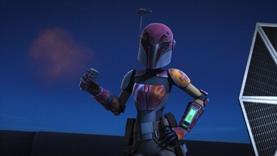 Sabine Wren with her helmet on at night on Star Wars Rebels