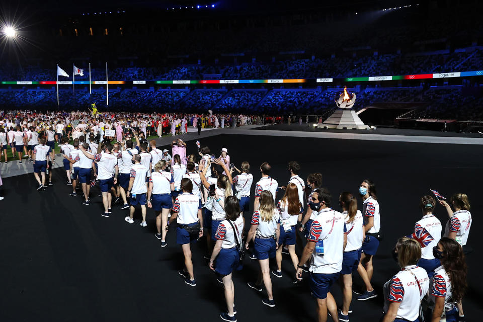 TOKYO, JAPAN - AUGUST 08: Members of Team Great Britain during the Closing Ceremony of the Tokyo 2020 Olympic Games at Olympic Stadium on August 08, 2021 in Tokyo, Japan. (Photo by Dan Mullan/Getty Images)