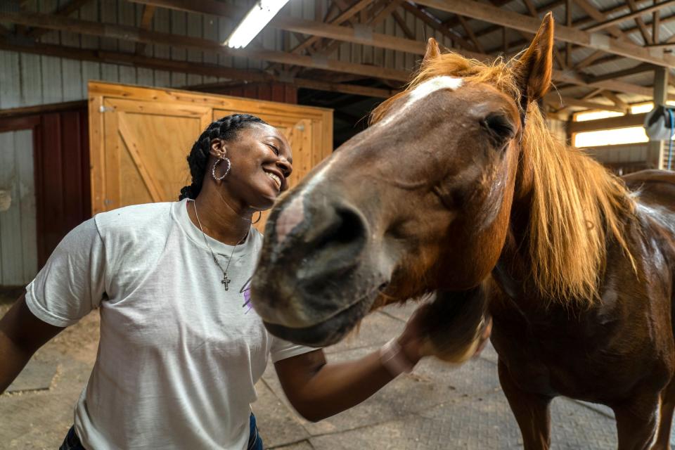 Staci Russell, 39, of Belleville, brushes her horse, Reese's Cup, after practicing riding him at Double D Ranch in Belleville on Thursday, Sept. 15, 2022.