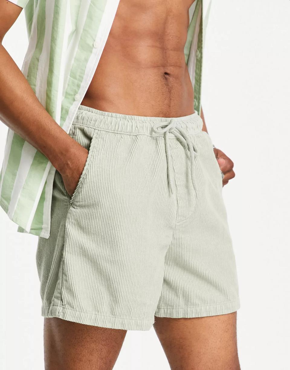 5-inch inseam shorts men, ASOS DESIGN Wide Fit Shorts in Light Green Cord