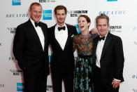 LONDON, ENGLAND - OCTOBER 04: Actors Hugh Bonneville, Andrew Garfield, Claire Foy and Tom Hollander attend the European Premiere of "Breathe" on the opening night gala of the 61st BFI London Film Festival on October 4, 2017 in London, England. (Photo by John Phillips/Getty Images for BFI)