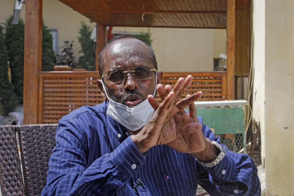 Abdulkadir Mohamud Nur, the owner of the Hayat Hotel besieged by al-Shabab extremists last weekend, recounts what took place to The Associated Press, in Mogadishu, Somalia Wednesday, Aug. 24, 2022. The deadly siege was the longest such attack in the country's history taking more than 30 hours for security forces to subdue the extremists, with more than 20 people killed. (AP Photo/Farah Abdi Warsameh)