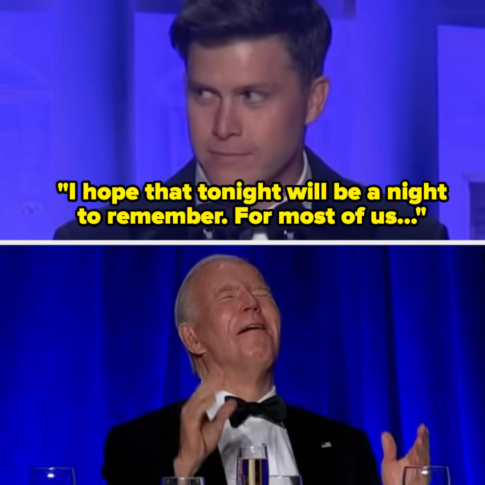 Two-panel image: Top shows Colin Jost speaking, saying, "I hope that tonight will be a night to remember. For most of us..."
