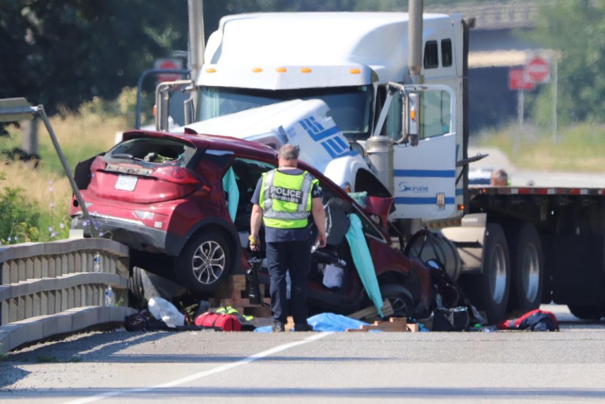 Police say a tractor trailer collided head-on with a car near Agassiz, B.C., early Tuesday morning. (Shane MacKichan - image credit)