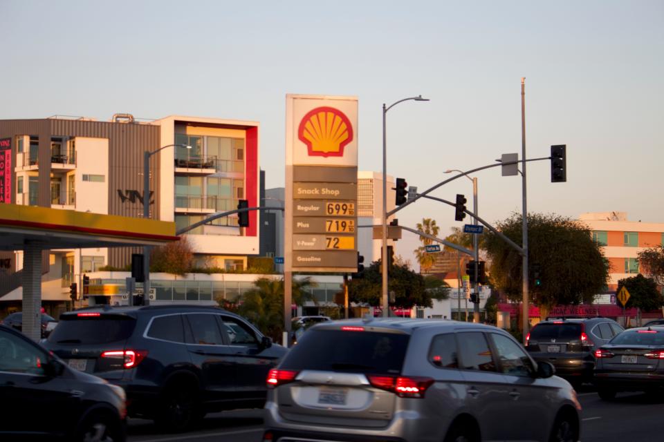 A Shell gas station at the corner of Olympic Boulevard and Fairfax Avenue in Los Angeles on March 6, 2022, where a regular gas costs $6.99 a gallon. Gas prices are on the rise across the country, and in California, the average cost is $5.28.