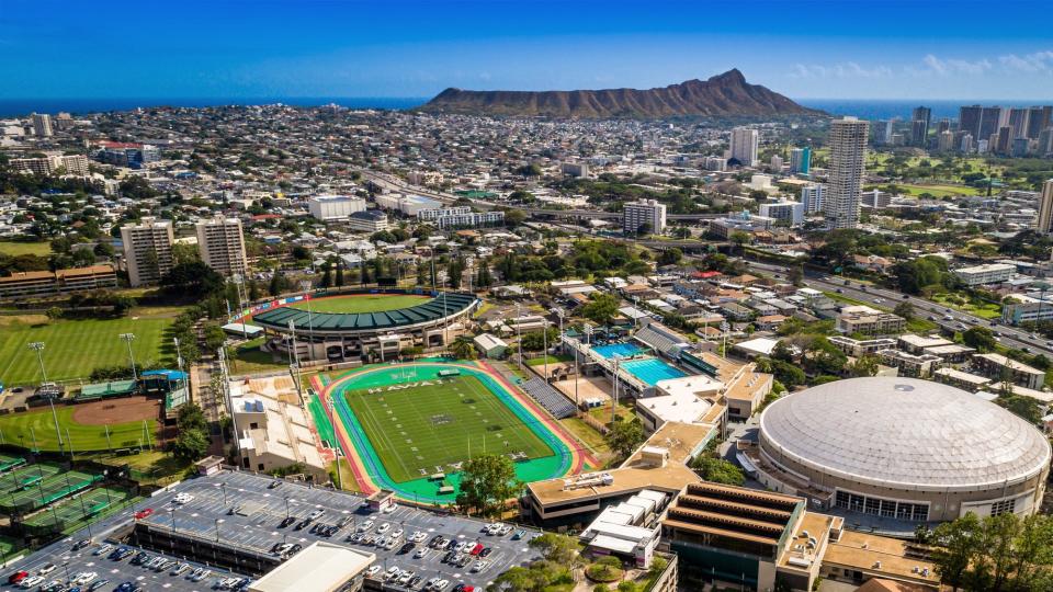 An aerial view of the lower campus at the University of Hawaii at Manoa.