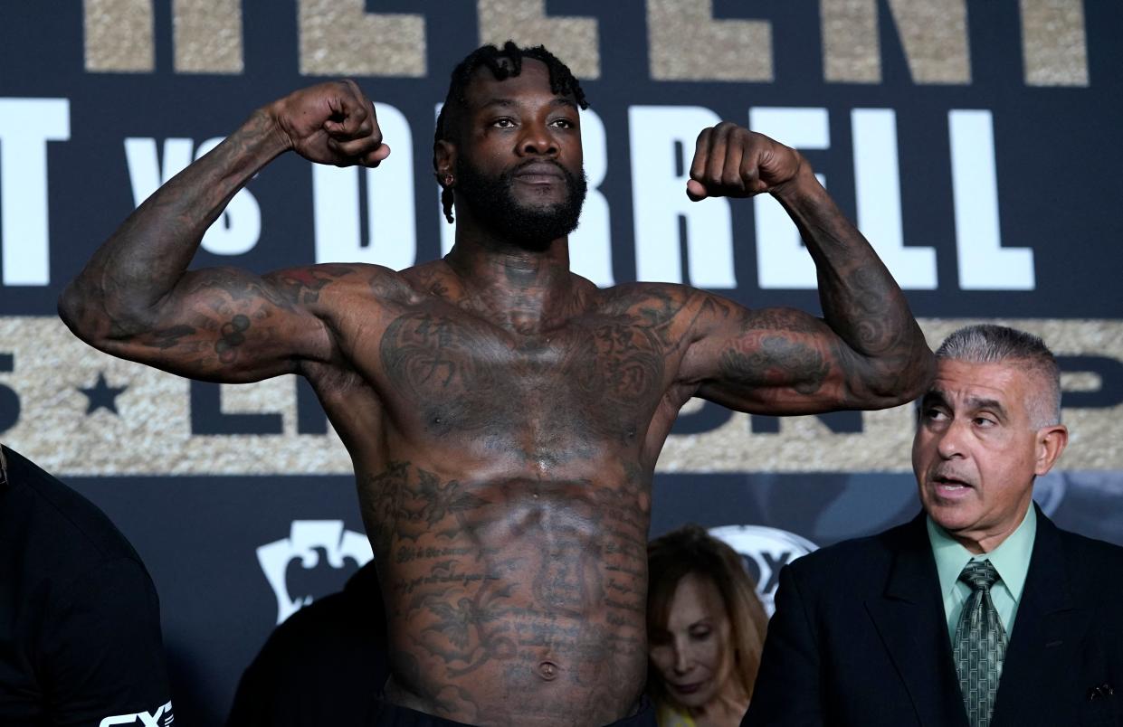 Former WBC Heavyweight World Champion boxer Deontay The Bronze Bomber Wilder poses during his weigh-in ahead of their WBC Heavyweight title fight against Swedish-Finnish boxer Robert The Nordic Nightmare Helenius in New York City on October 14, 2022. - Wilder and Helenius will fight on October 15, 2022 at Barclays Center. (Photo by TIMOTHY A. CLARY / AFP) (Photo by TIMOTHY A. CLARY/AFP via Getty Images)