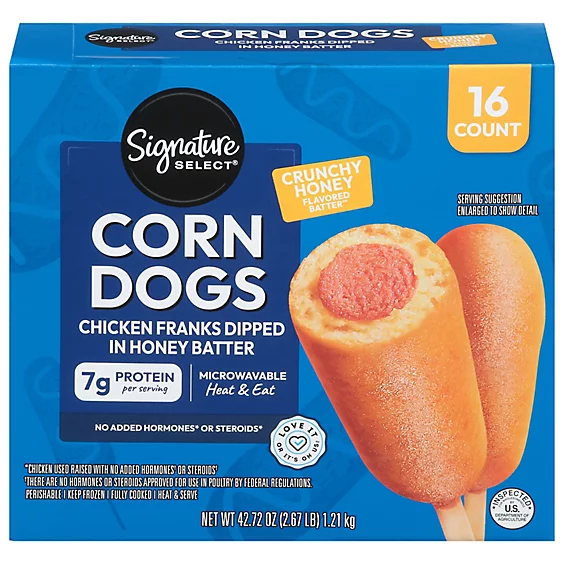 Box of Signature Select Corn Dogs, 16 count; label highlights 7g protein per serving, microwavable, chicken franks, honey batter, and claims of no added hormones or steroids