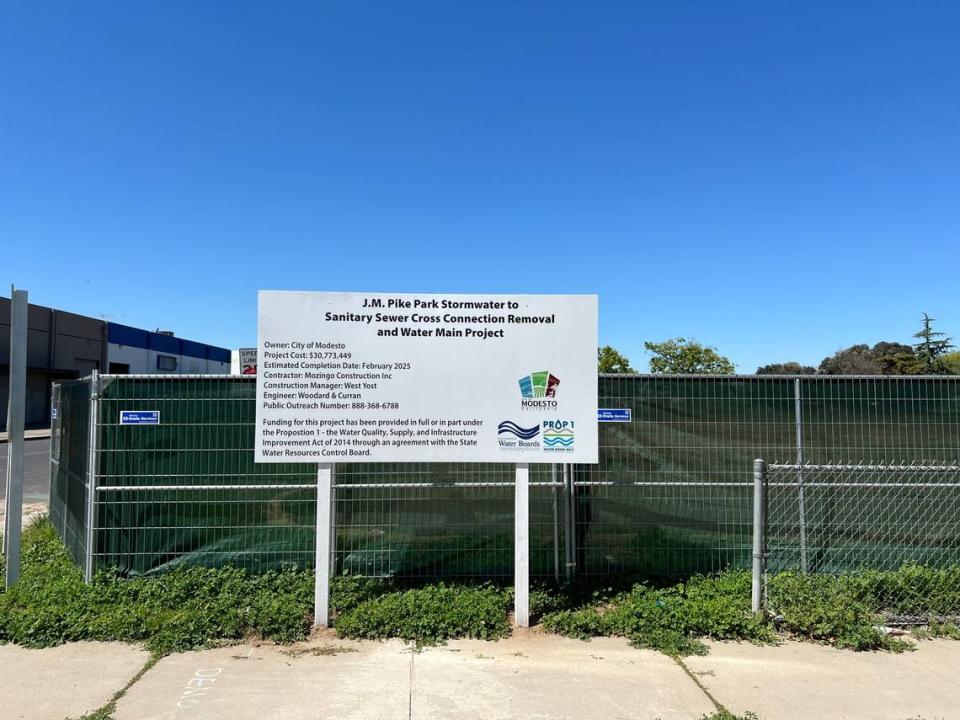 A city sign informs the public of construction at J.M. Pike Park.