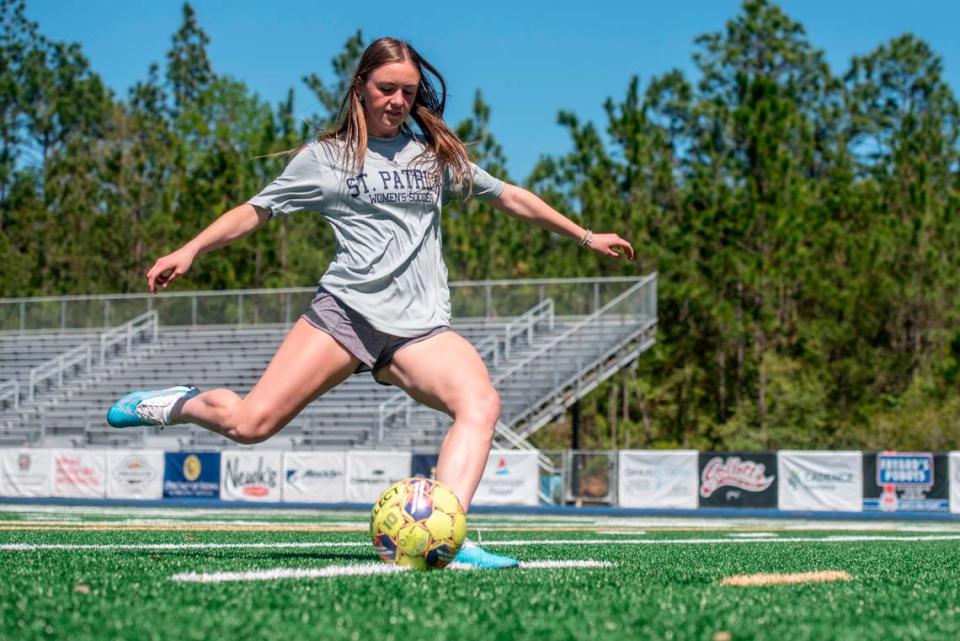 St. Patrick’s Isabella Jordan, a sophomore who plays striker, shoots on goal during practice at St. Patrick Catholic High School on Thursday, March 28, 2024.