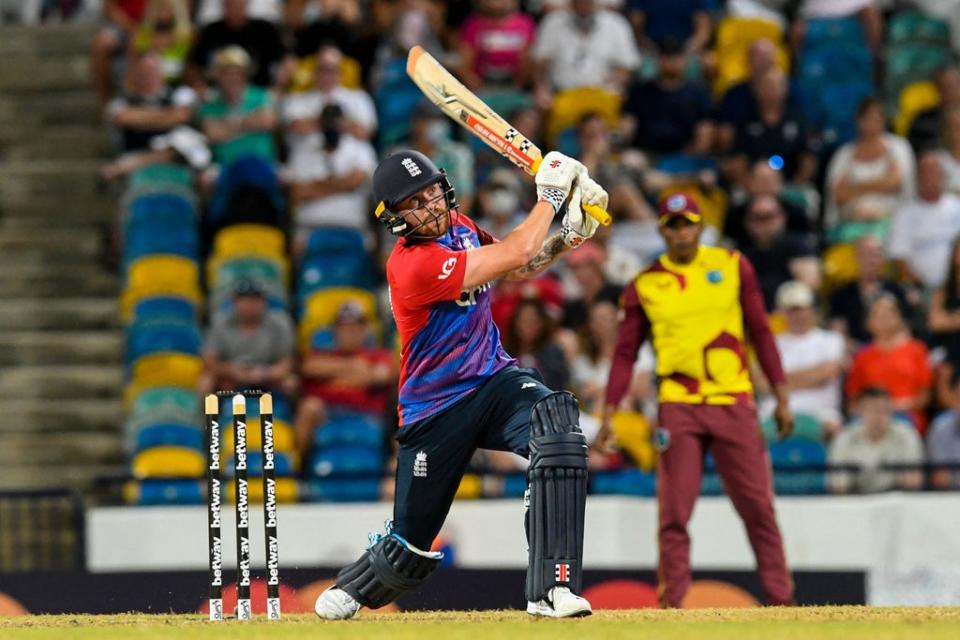 Phil Salt hits 6 during the 3rd T20I between West Indies and England (AFP)