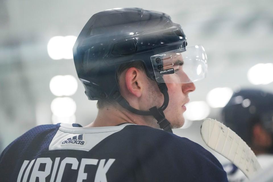 Jul. 12, 2022; Lewis Center, OH USA;  Columbus Blue Jackets defenseman David Jiricek watches drills during development camp at the OhioHealth Chiller North in Lewis Center on July 12, 2022. Mandatory Credit: Adam Cairns-The Columbus Dispatch