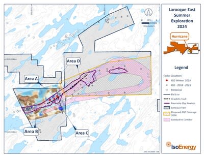 Figure 4 – Larocque East planned 2024 summer exploration includes additional ANT surveys along the eastern extension of the highly prospective Hurricane conductor corridor and diamond drilling in four target areas (labelled “A” through “D”) (CNW Group/IsoEnergy Ltd.)
