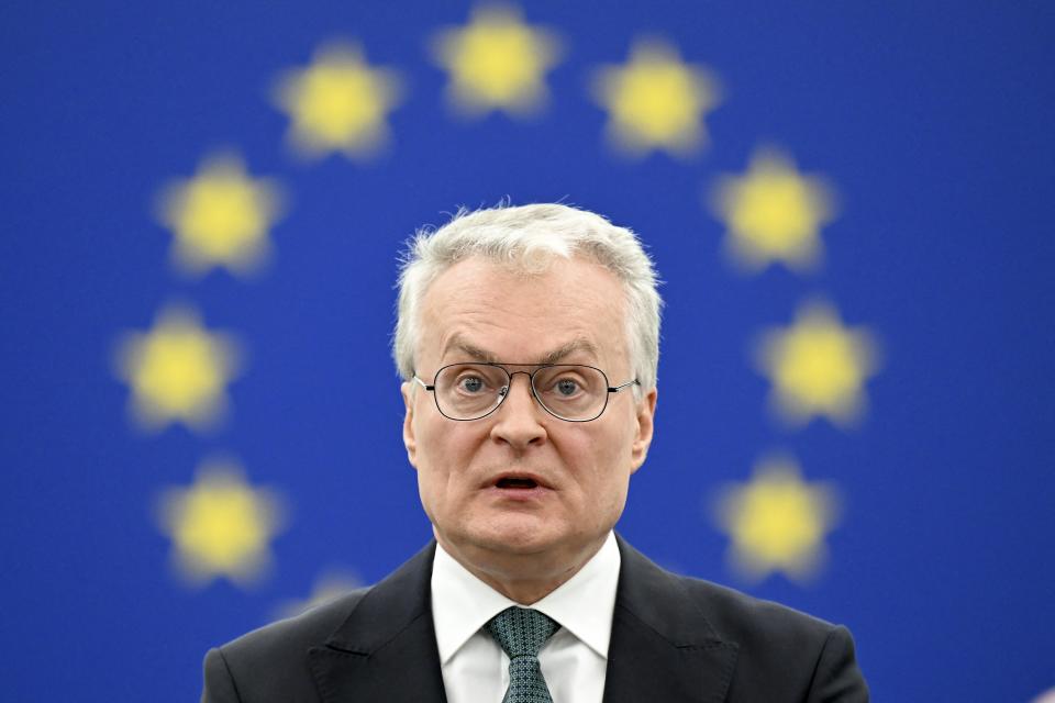 Lithuania's President Gitanas Nausėda delivers a speech at the European Parliament.