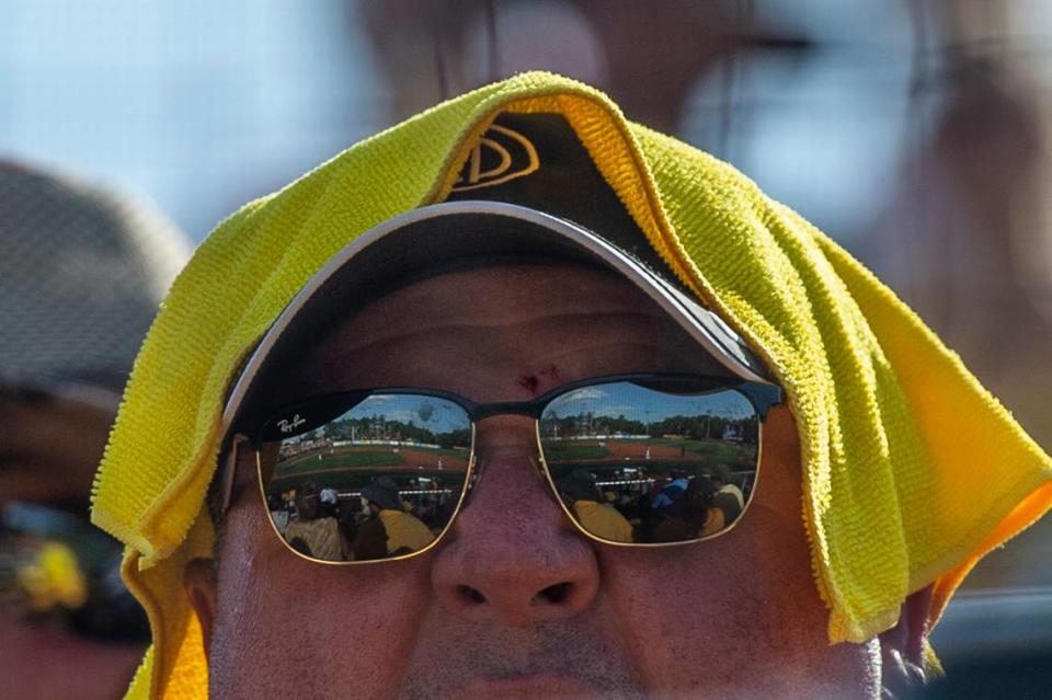 A Southern Miss fan wears a towel over his head during the Super Regionals Final at Pete Taylor Park in Hattiesburg on Sunday, June 12, 2022.