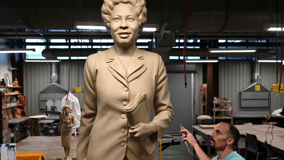Benjamin Victor works on his sculpture of Daisy Bates at the Windgate Center of Art and Design at the The University of Arkansas at Little Rock campus in April 2022. - Stephen Swofford/Arkansas Democrat-Gazette/AP
