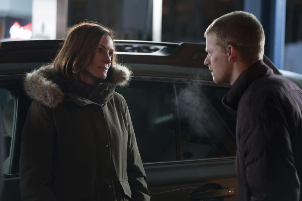 This image released by Roadside Attractions shows Lucas Hedges, right, and Julia Roberts in a scene from "Ben is Back." (Mark Schafer/Roadside Attractions via AP)