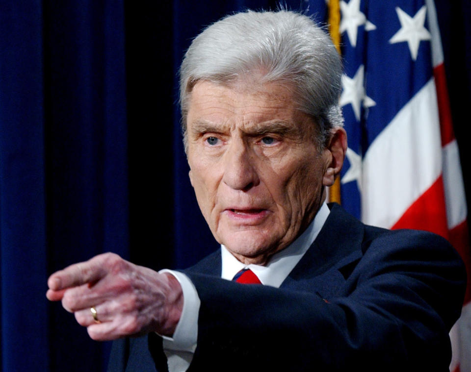 FILE - In this Aug. 31, 2007 file photo, Sen. John Warner, R-Va., speaks during a news conference in Washington. Warner, a former Navy secretary and one of the Senate’s most influential military experts, has died at 94. (AP Photo/Dennis Cook, File)