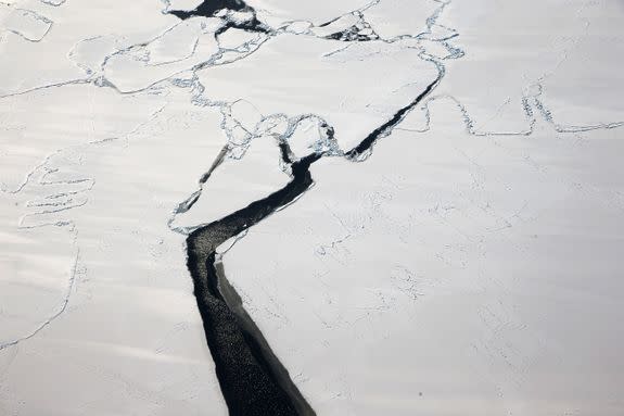 Ice floats near the coast of West Antarctica as viewed from a NASA research aircraft.