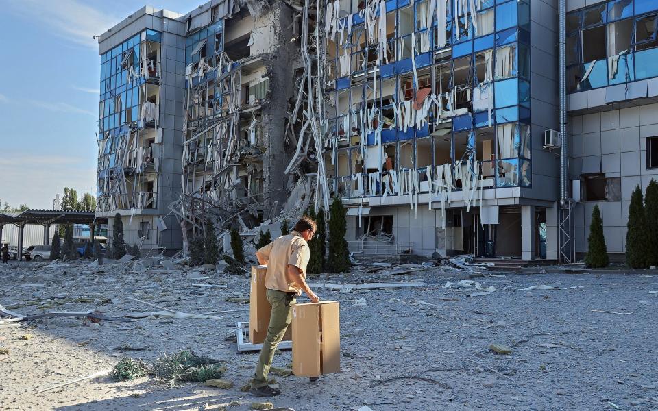 The aftermath of a Russian missile strike on the office building of the Swiss Foundation for Mine Action (FSD)