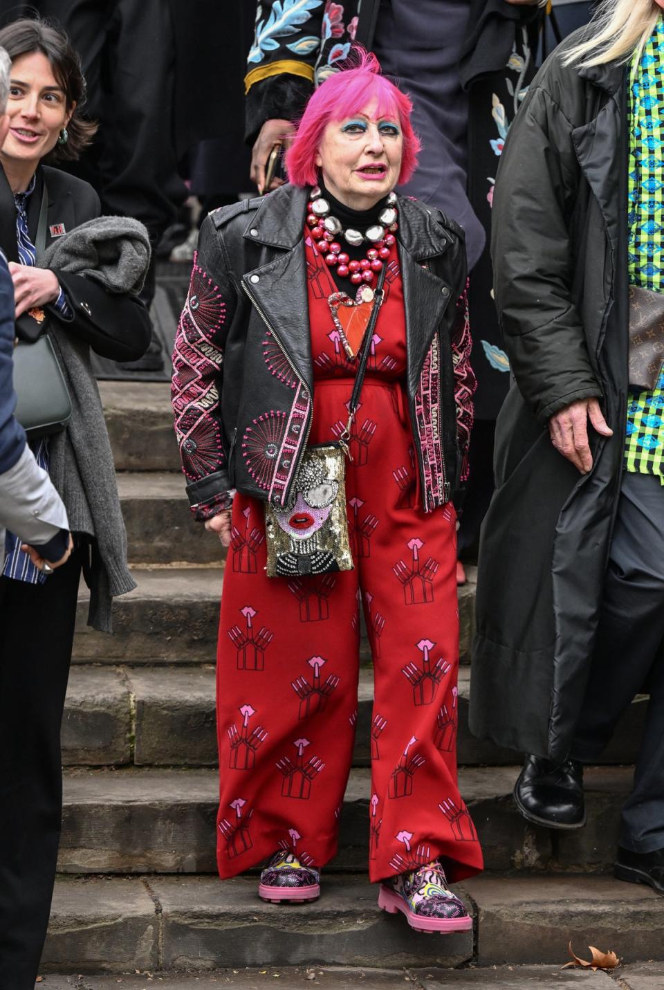 Dame Zandra Rhodes attends a memorial service to honour and celebrate the life of Dame Vivienne Westwood at Southwark Cathedral on February 16, 2023 (Getty Images)