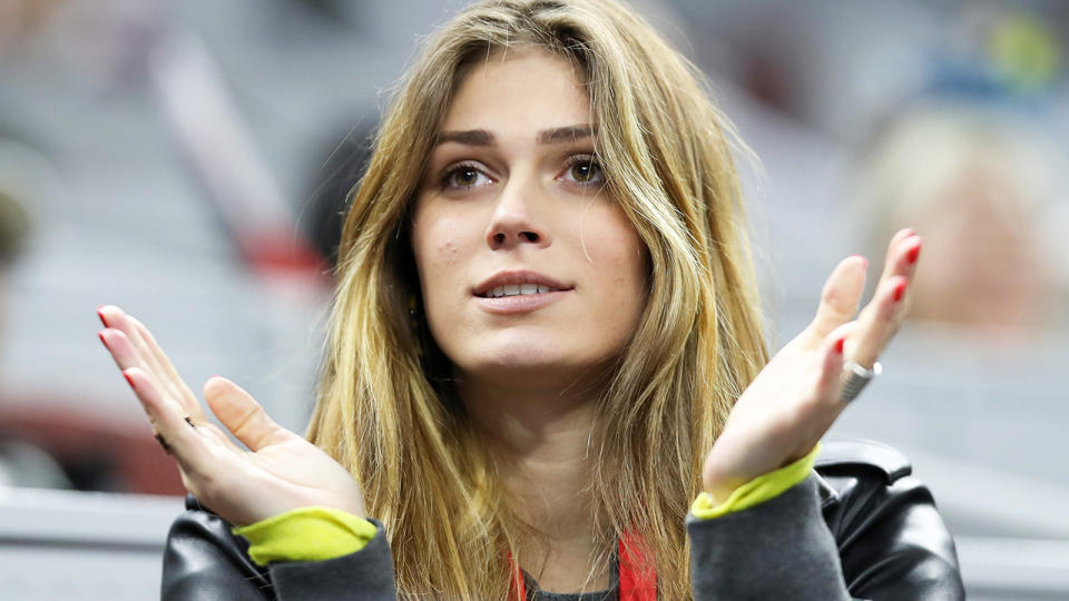 Olga Sharypova, pictured here watching Alexander Zverev at the China Open in 2019. 