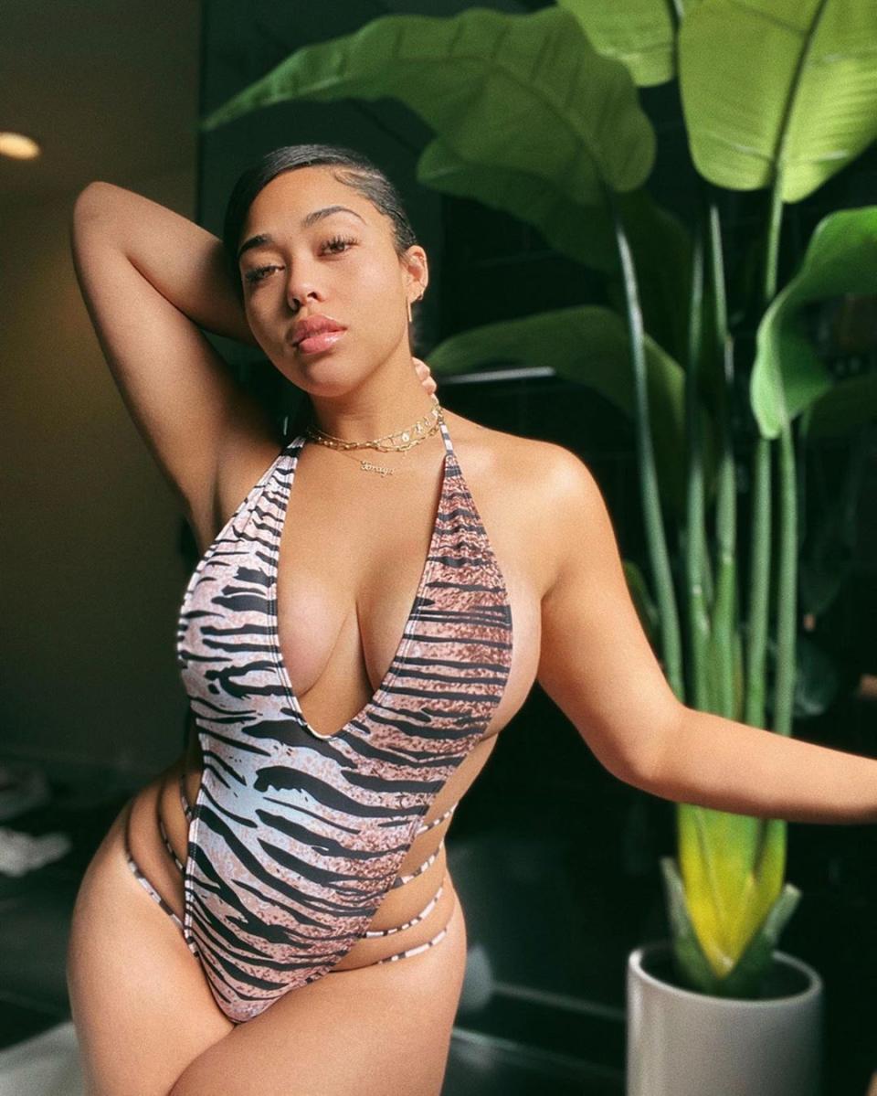 Jordyn Woods in a zebra swimsuit