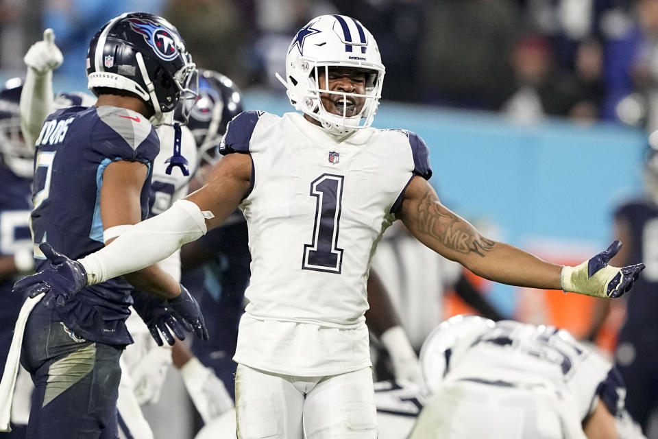 Dallas Cowboys cornerback Kelvin Joseph (1) reacts to play against the Tennessee Titans during the second half of an NFL football game, Thursday, Dec. 29, 2022, in Nashville, Tenn. (AP Photo/Chris Carlson)