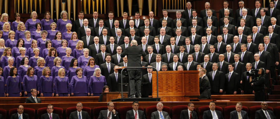 The Tabernacle Choir at Temple Square performs during the twice-annual conference of The Church of Jesus Christ of Latter-day Saints, Saturday, Oct. 6, 2018, in Salt Lake City. Mormon leaders delivered spiritual guidance and church news as the faith's conference kicks off in Salt Lake City one day after the faith announced it was renaming the famed Mormon Tabernacle Choir to drop the word Mormon. (AP Photo/Rick Bowmer)