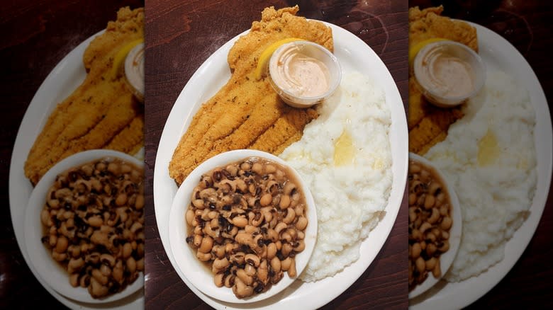 catfish, grits, black eyed peas