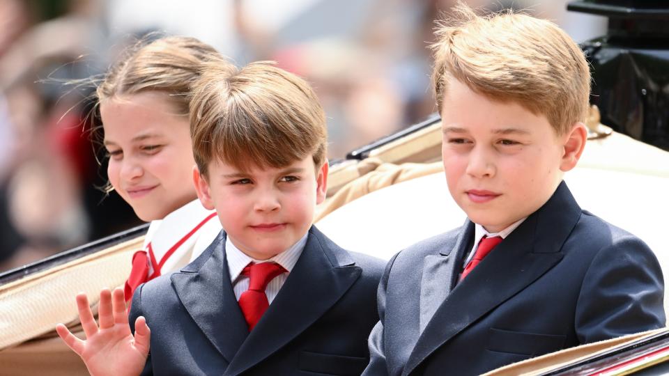 Princess Charlotte of Wales, Prince Louis of Wales and Prince George of Wales are seen during Trooping the Colour