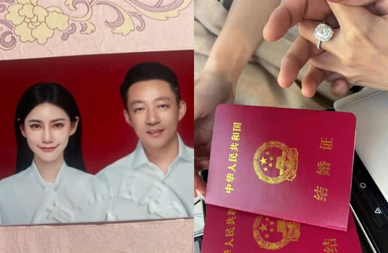 汪小菲與Mandy在上海領證結婚後，曬出超巨大鴿子蛋超閃鑽戒與結婚證。（圖／翻攝自微博）