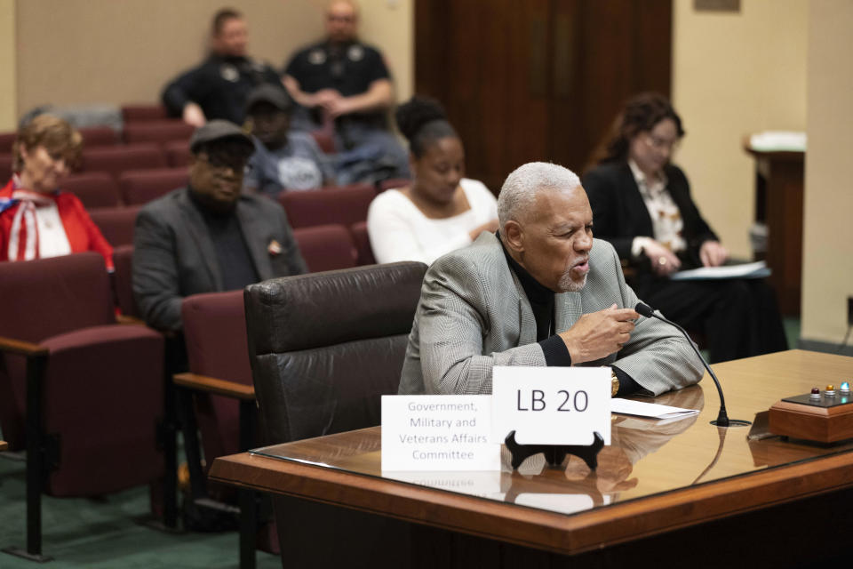 Preston Love, Jr., of Black Votes Matter, testifies in favor of LB20, a bill to provide restoration of voting rights upon completion of a felony sentence or probation for a felony, during a hearing before the Government, Military and Veterans Affairs committee on Wednesday, Feb. 22, 2023, at the Nebraska state Capitol in Lincoln, Neb. (AP Photo/Rebecca S. Gratz)