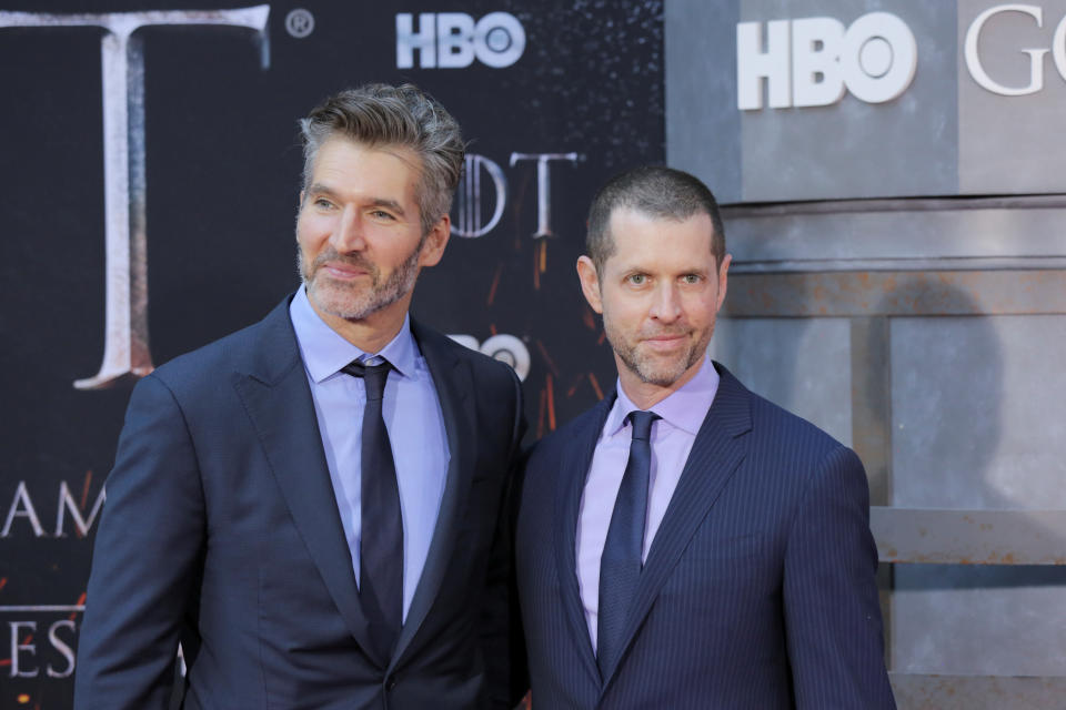 David Benioff and D.B. Weiss arrive for the premiere of the final season of "Game of Thrones" at Radio City Music Hall in New York, U.S., April 3, 2019. REUTERS/Caitlin Ochs