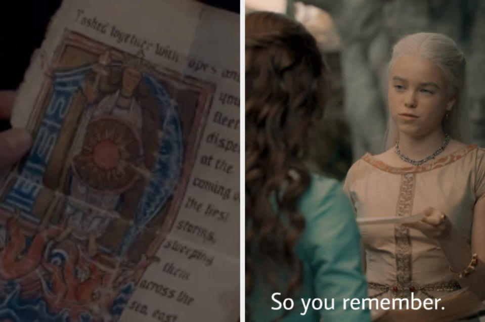 Close-up of the torn out book page next to Rhaenyra handing it to Alicent with the closed caption "So you remember"