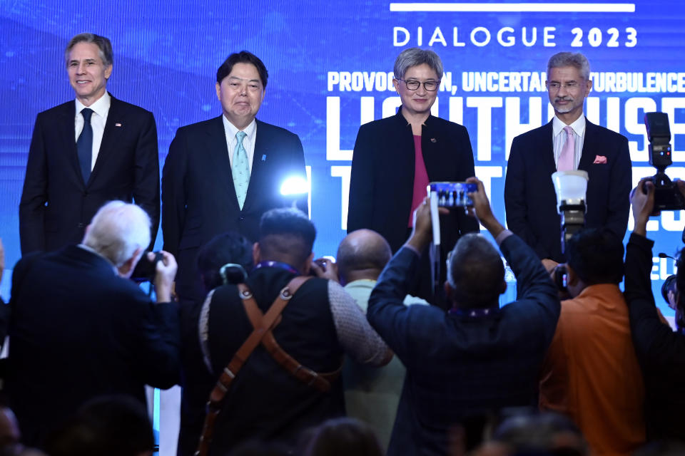 From left, U.S. Secretary of State Antony Blinken, Japanese Foreign Minister Yoshimasa Hayashi, Australian Foreign Minister Penny Wong and Indian Foreign Minister Subrahmanyam Jaishankar attend a Quad ministers' panel at the Taj Palace Hotel in New Delhi Friday, March 3, 2023. (Olivier Douliery/Pool Photo via AP)