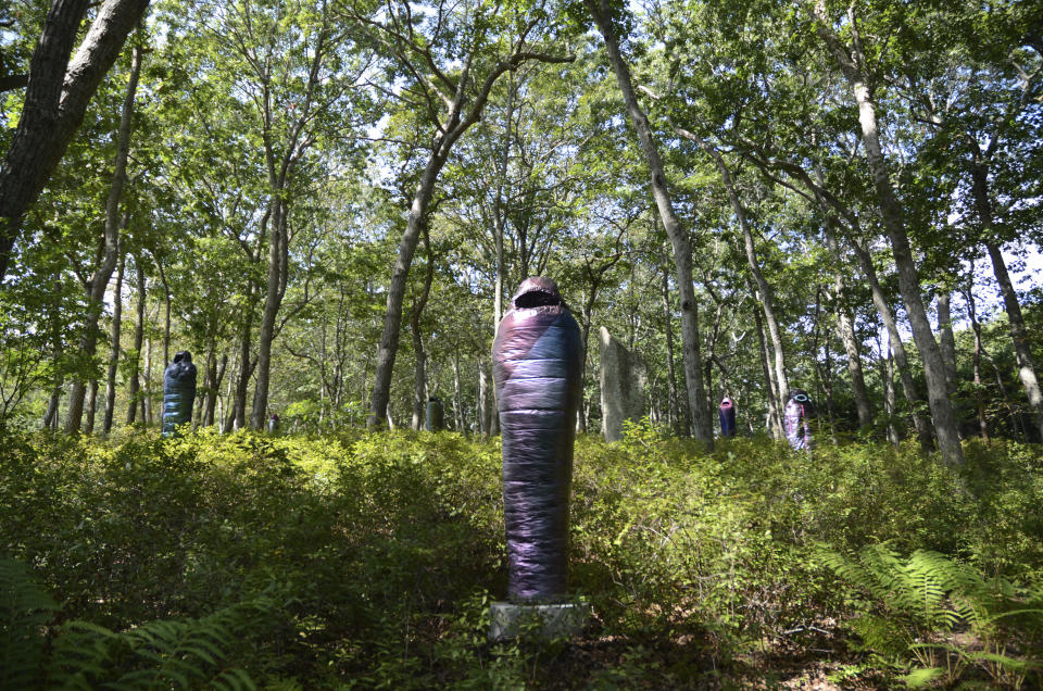 Sarcophagi sculptures by New York-based artist Adam Parker Smith "Standing on the Moon," presented in partnership with The Hole NYC, are displayed on the grounds of The Watermill Center, Saturday, Sept. 17, 2022, in Water Mill, N.Y. The artwork, made of resin, steel, and urethane, and resembling sub-zero sleeping bags, will be on view through March 2023. (AP Photo/Pamela Hassell)