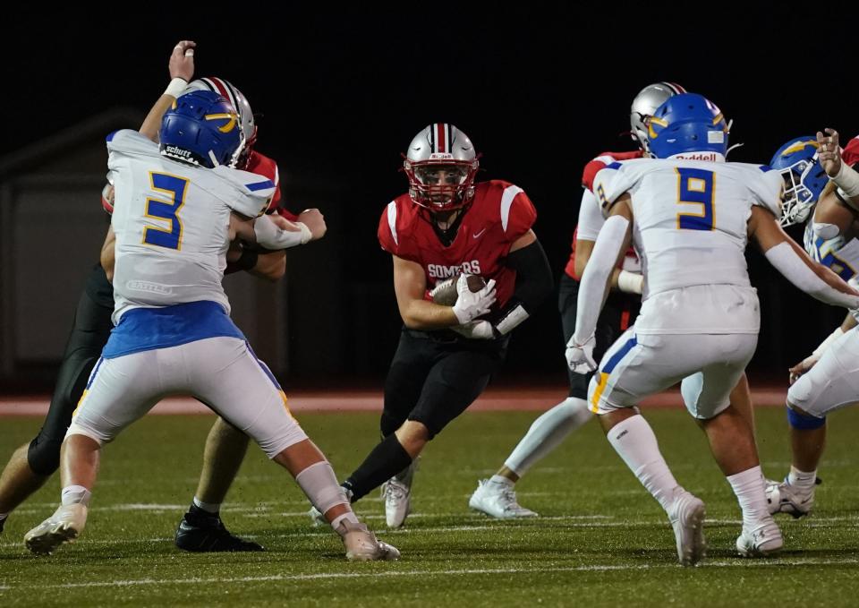 Somers running back Mason Kelly (25) with the carry during their win over Mahopac in football action at Somers High School in Lincolndale on Friday, September 22, 2023.
