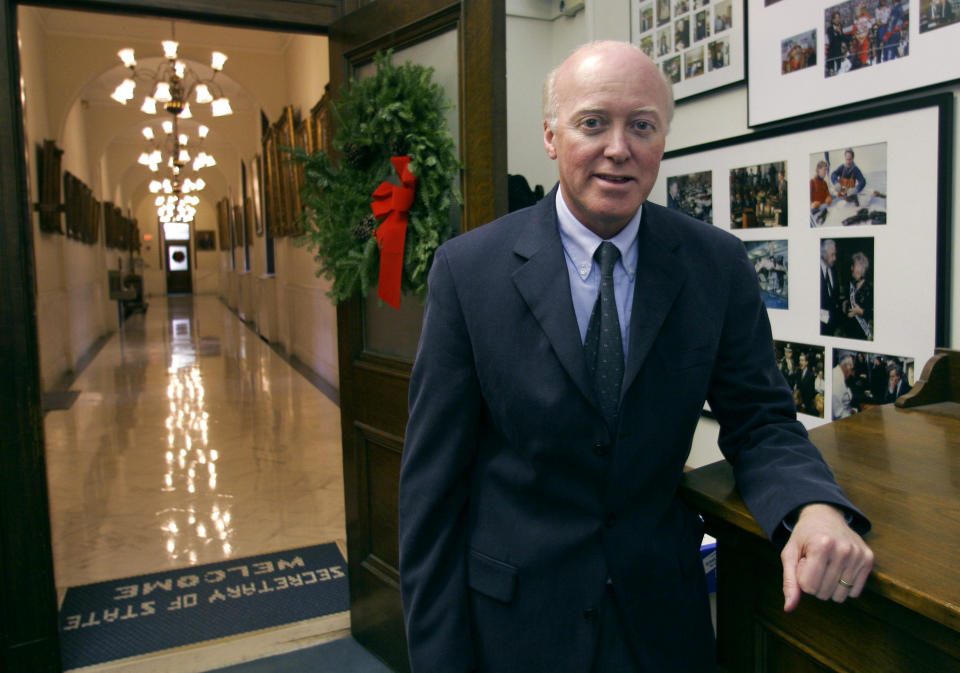 FILE— New Hampshire Secretary of State William Gardner poses in his office at the Statehouse, Dec. 9, 2005, in Concord, N.H. Gardner, the nation's longest serving secretary of state, announced Jan. 3, 2022 that he plans on stepping down as Secretary of State and not seek reelection to a 24th term. (AP Photo/Jim Cole, File)