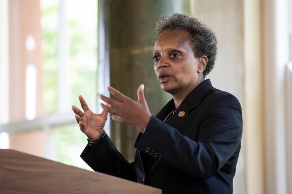 Chicago Mayor Lori Lightfoot speaks at the South Shore Cultural Center on July 9, 2020.