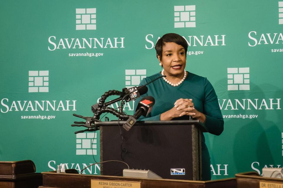 Alderwoman Kesha Gibson-Carter speaks to the media in 2020 about an ethics complaints filed against her.
