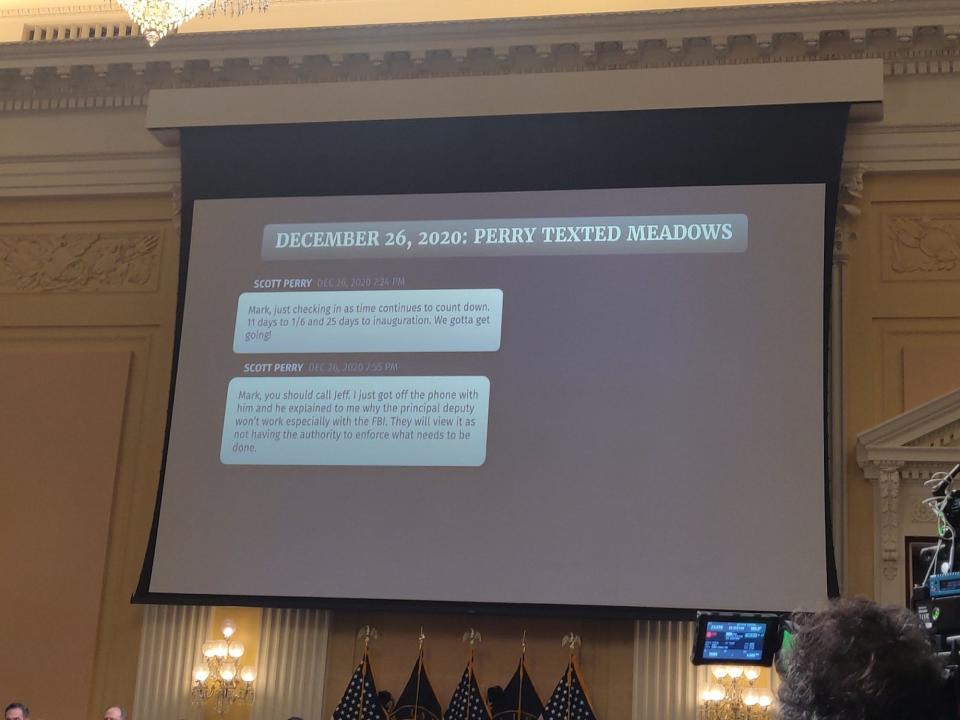 A snapshot of a text message Rep. Scott Perry allegedly sent then-White House chief of staff Mark Meadows about replacing Department of Justice leaders with fellow election deniers.