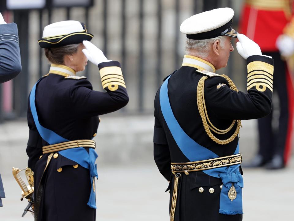 Princess Anne and King Charles III salute their mother's coffin.