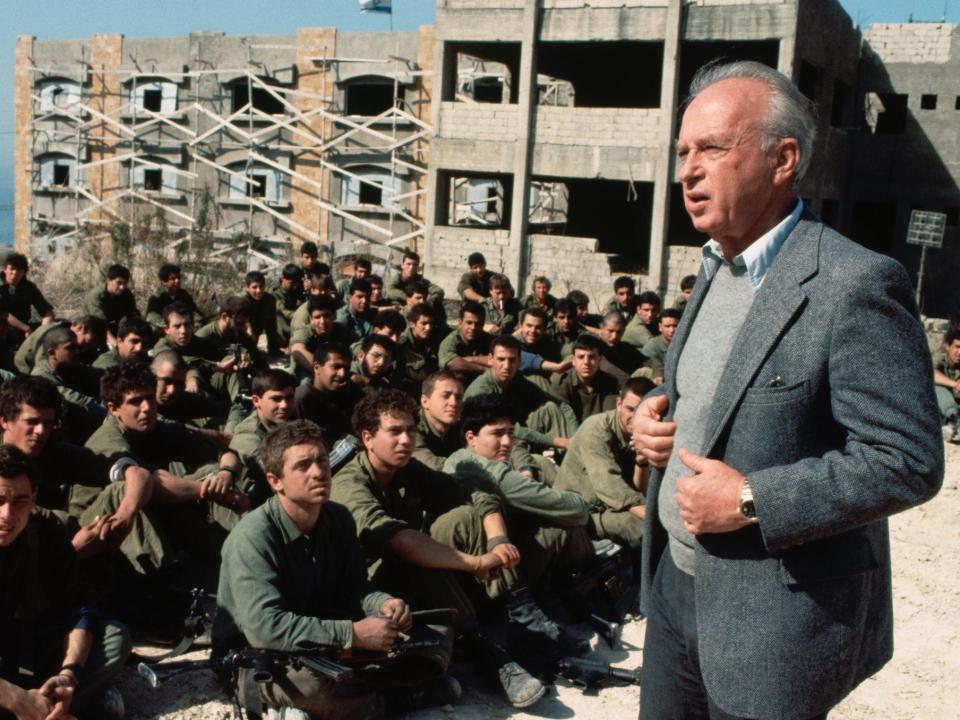 Yitzhak Rabin (1922 - 1995), addressing Israeli troops in Sidon during the first phase of the their withdrawal from Lebanon at the end of the 1982 Lebanon War, February 1985.