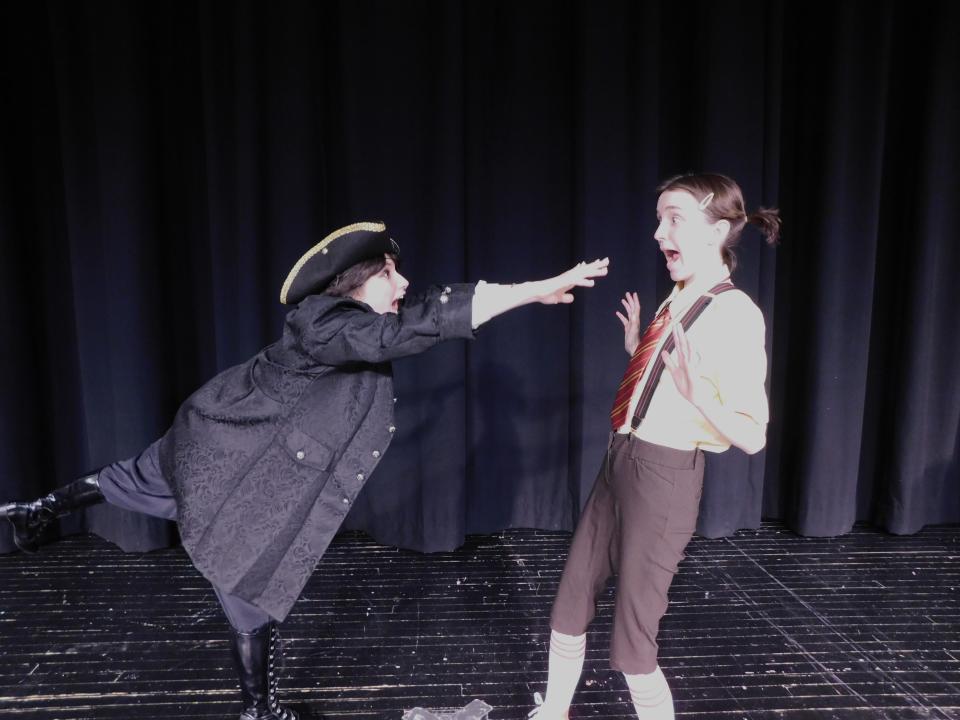 Katie Halaja as Patchy the Pirate and Cora McCowin as SpongeBob in Blackhawk High School's production of "The SpongeBob Musical."