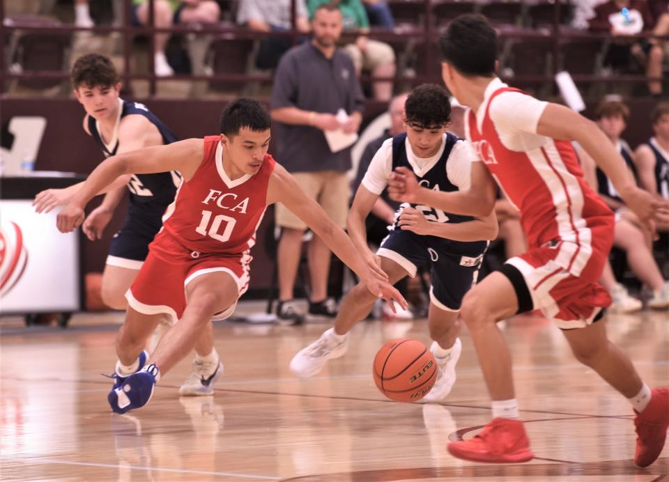 The South's Raven Ortiz of San Angelo Central (10) comes up with a turnover. The South beat the North 89-73 in the Big Country FCA's All-Star Men's Basketball Game on Saturday, June 4, 2022, at Brownwood High School. Ortiz scored a team-high 21 points and was named the game's MVP.